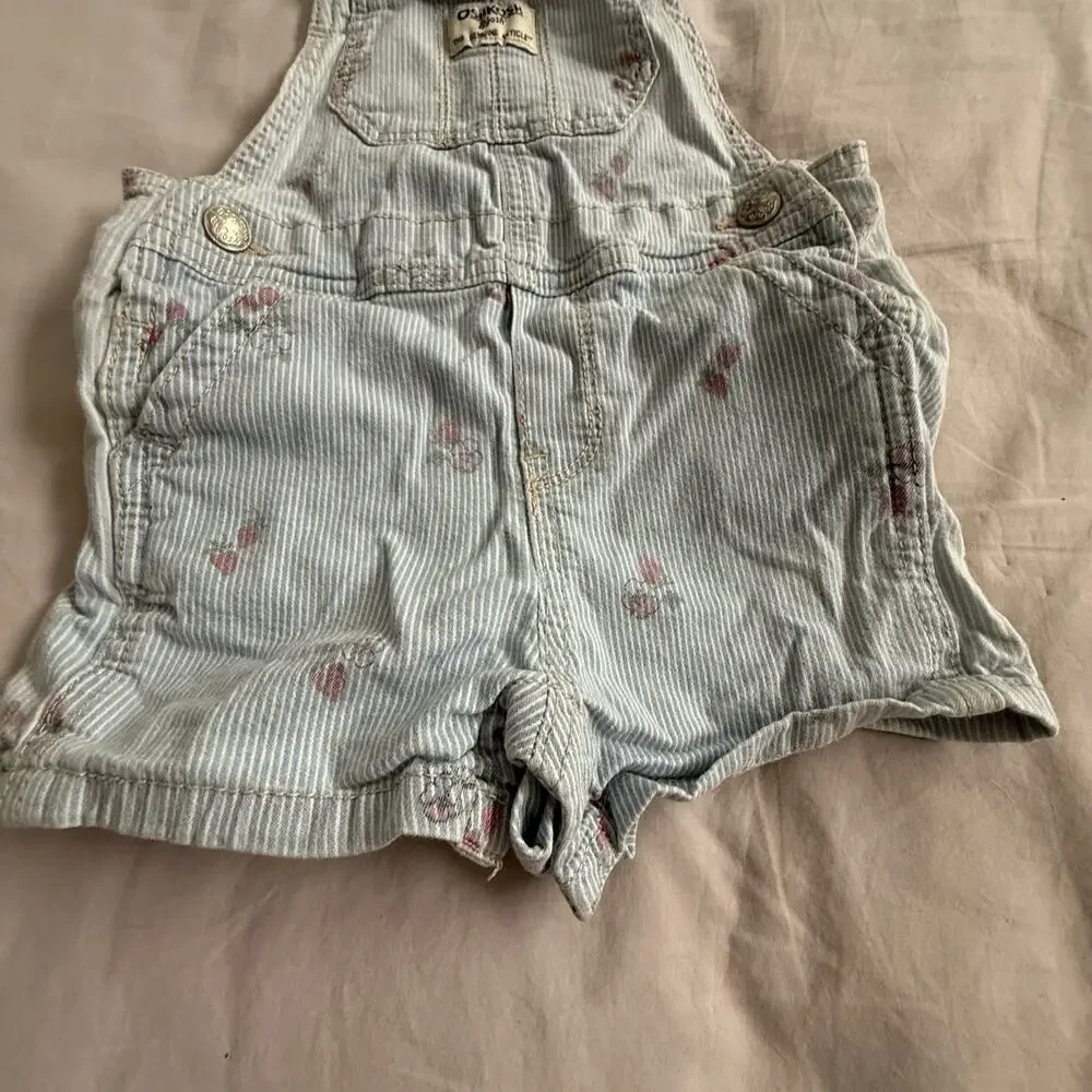 OshKosh Shortalls Overalls Girl 18 Months Light Blue Engineer Stripe Floral Pink